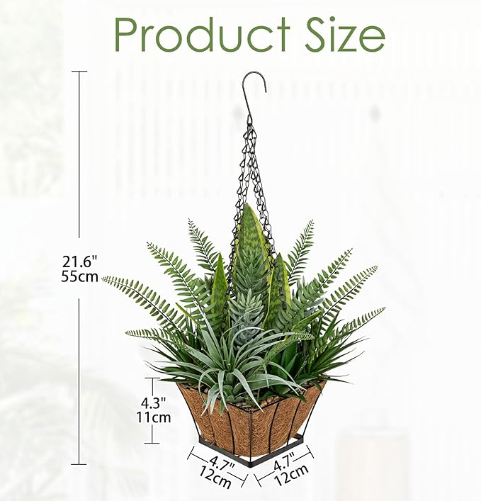 DILATATA Artificial Hanging Plants Basket, Faux Snake Plants Fern Succulent Mix with Coconut Fiber Liner, Fake Hanging Plant with Chain Hook for Indoor Outdoor Porch Patio Balcony Home Décor