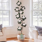 Jexine 7 ft Artificial Rubber Tree with 9 Magnolia Flowers in Pot Extra Tall Faux Magnolia Tree Fake Plant Indoor Floor Plant for Indoor Living Room Office Home Decor