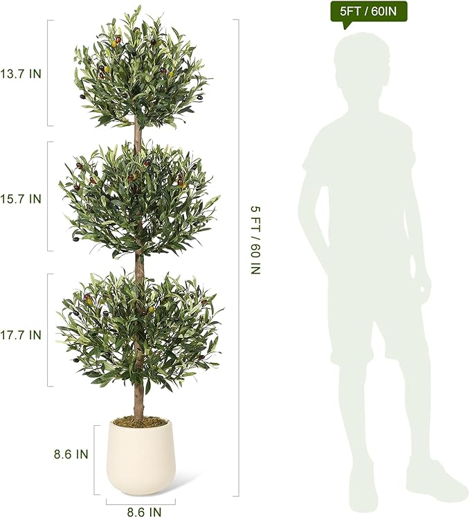 5 ft Artificial Olive Tree, Triple Ball Topiary Faux Plant with Moss & Pot, Outdoor Indoor Realistic Fake Shrubs Trees, Round Bushes Fake Shrubs Potted for Home Offices Porch Decor, Set of 2