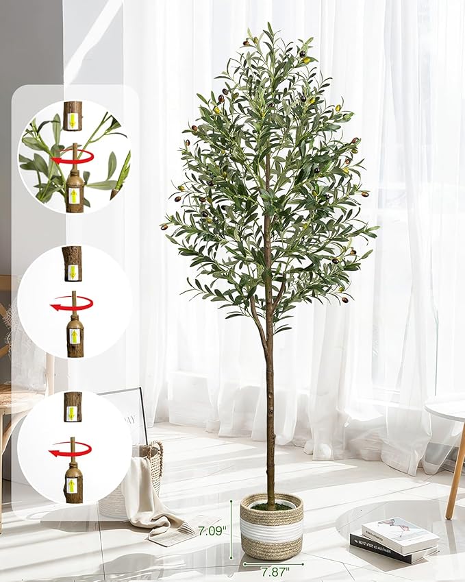 6FT Artificial Olive Tree - Indoor Tall Faux Olive Trees with Basket&3PCS 18Inch Olive Branches, Large Fake Olive Silk Tree Realistic Olive Plants for Home Decor Office Living