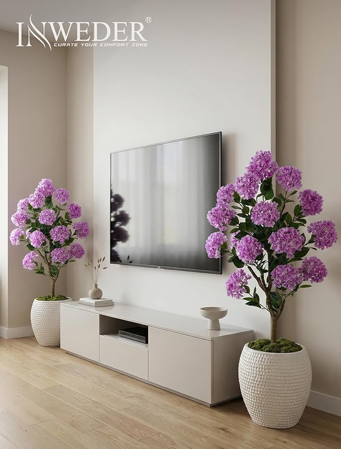 Artificial Flower Tree for Outdoor: 3.6ft Fake Crape Myrtle Tree Set of 2 for Front Porch Door Indoor Decor - Purple Realistic Silk Plant with Pot for Home Living Room Patio Decorations