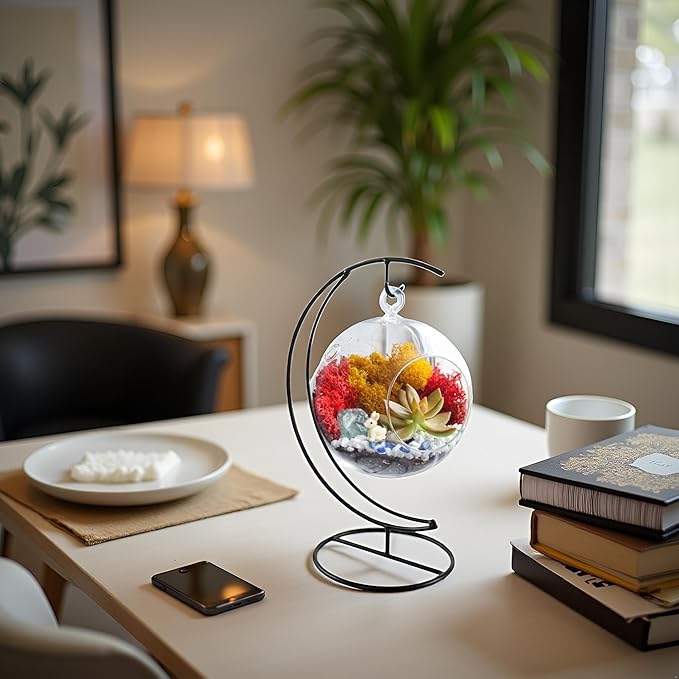Creations by Nathalie DIY 5" DIY Globe Terrarium Kit - Build Your Own Glass Terrarium for Adults & Teens with Moss, Crystals, Tools & Decorative Figurine - Mini Ecosystem (Plant Not Included)