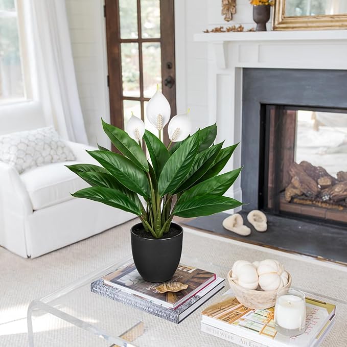GnFlus Fake Plants 20'' Faux Plants Artificial Potted Plants Indoor Realistic White Anthurium Artificial Flowers, Fake Potted Plants for Home Office Farmhouse Kitchen Bathroom Table Shelf Decor