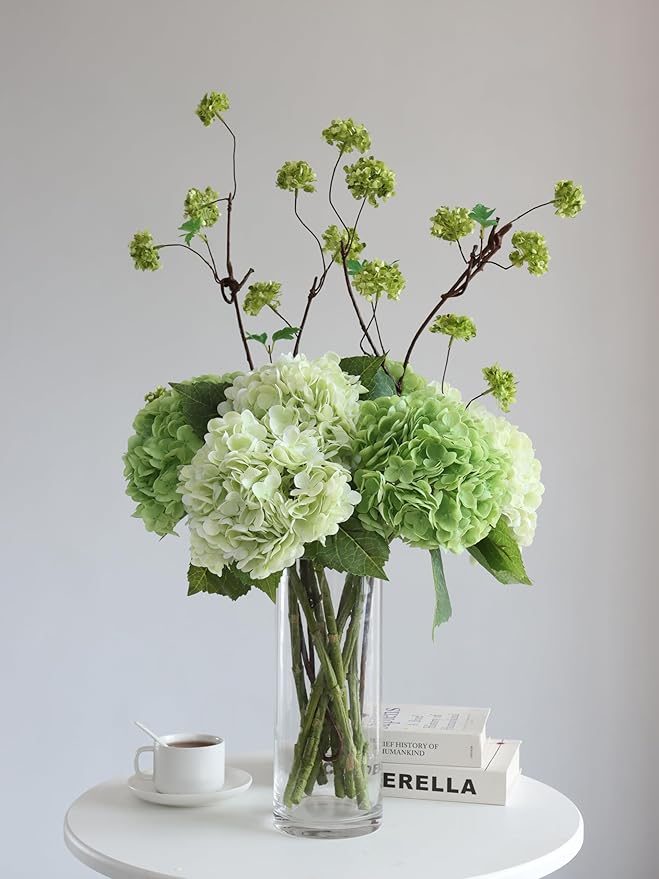 Buart 3PCS Long Stem Big Size Flowers Artificial Silk Hydrangea Lifelike Flowers Real Touch Green Artificial Flowers Wedding Shower Bride Bouquets Office Living Room Table Decorations (21 Inch)