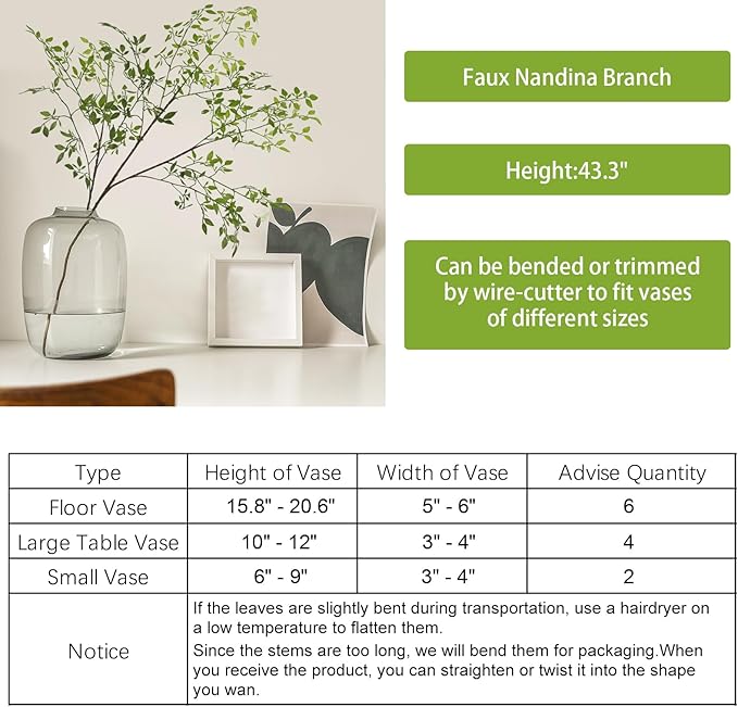 CEWOR 4pcs Artificial Plants Fake Greenery Branches for Vase, 43.3 Inch Green Nandina Long Steams for Tall Vase, Fake Plants Spring Stems for Wedding Garden Office Home Décor