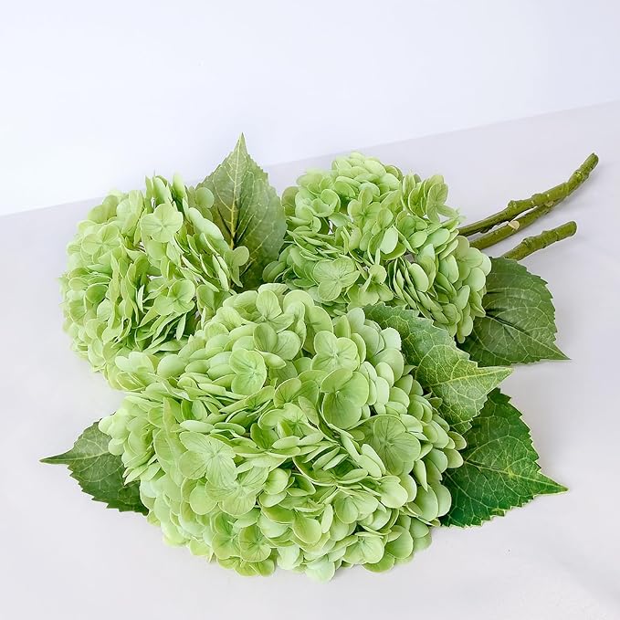 ZYTUYO 3 PCS Dark Green Hydrangea Real Touch Artificial Flowers 21'' Latex Large Hydrangea with Long Stems for Wedding Table Centerpieces Indoor Kitchen Spring Home Decor Outdoor Porch