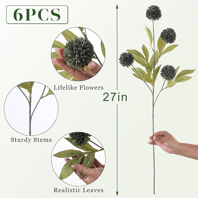 VIERENA 6 Pcs Faux Silk Pompon Mum Artificial Flowers for Vase -27", Bulk Fake Chrysanth Branches with Stems for DIY Bouquet Centerpieces Wedding Fillers Arrangements Shower Decorations (Dark Gray)