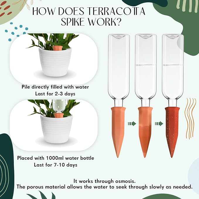Dandat 32 Pcs 34oz Plant Watering Devices Include Terracotta Self Watering Spikes with 1000ml Plastic Bottles Slow Release Vacation Insert Automatic Plant Waterer Self Water Planter for Garden