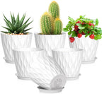 Meowell 5 inch Plant Pots for Indoor Outdoor Plants, 6 Pack Thick Nursery Pots with Drainage Holes and Saucers, 3D Modern Wave Texture Small Plastic Planter Flower Pots for Succulent, Herb, White