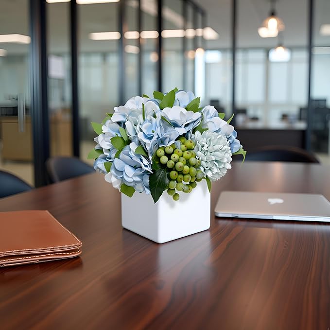 LADADA Fake Flowers in Ceramic Vase,Faux Hydrangea Flower Arrangements for Home Decor Artificial Flowers with Vase