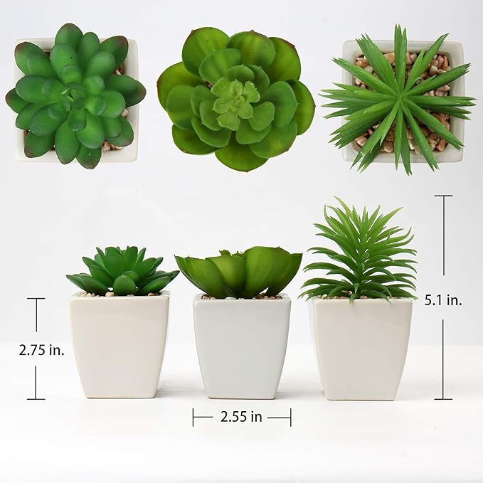 Briful 3PCS Fake Succulents for Farmhouse Tiered Tray Decor Smaller Artificial Potted Plants Faux Plants Indoor Bookshelf Decor House Plants Tabletop Decor in White Ceramic Pot