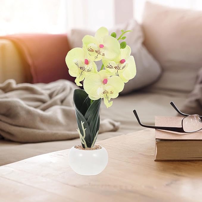 COHEALI Artificial Phalaenopsis Flowers Bonsai 2pcs, Realistic Simulation Butterfly Orchid Desk Decor with Green and Purple White Flower Arrangements for Living Room and Home Decoration