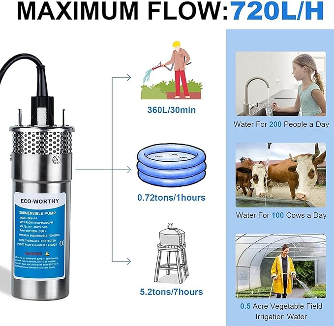ECO-WORTHY 12V DC Stainless Steel Deep Well Pump Kit - Submersible Pump for Well, Pond, Farm, Home | 20A Battery Charger,12V 50AH Lithium Battery & Controller | Multiple Packages Delivery