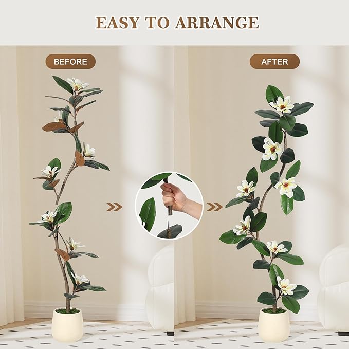 5ft Artificial Rubber Tree with 7 Pcs Magnolia Flowers,Tall Fake Tree with White Planter and Moss Decor,Faux Plants Indoor for Home Living Room Porch Decor