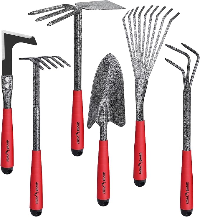 FLORA GUARD 6-Piece Garden Tool Set, Heavy Duty Gardening Hand Tools,Includes Trowel, Rake, 2-in-1 Hoe & Crack Weeder, Durable Yard Gardening Tools, Ideal Gardening Gift for Men & Women