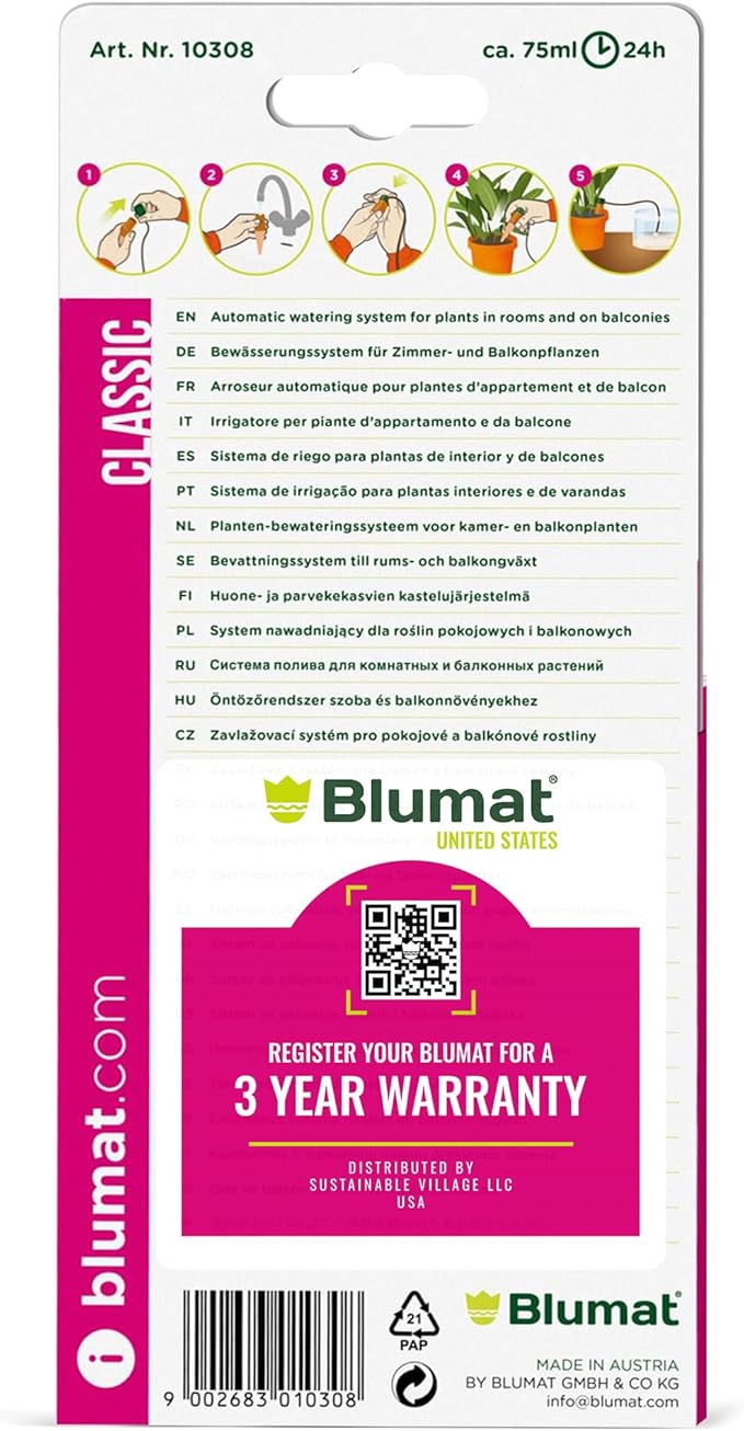 Blumat Classic Self-Watering Stakes - Prevents Overwatering and Underwatering for Healthy Growth While You are Away - Ideal for Indoor Plant Watering, 3 Pack, wo Adapter