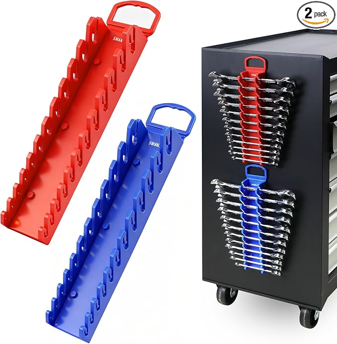 SWANLAKE 2-Piece Magnetic Wrench Organizer Toolbox Holder, SAE (1/4'' to 15/16''), Metric (6mm to 24mm) Ratchet Wrench Organizers, Total Hold 24 Slots Wrenches Holder for Tool Box