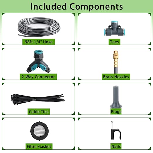 98FT 1/4" Quick-Connect Drip Irrigation System Kit, Automatic Garden Watering System with 16 Pcs Adjustable Spray Nozzles for Garden, Greenhouse, Yard, Lawn