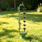 40" Vintage Metal Floor Water Fountain - Soothing Waterfall Outdoor Fountains with 6 Hanging Cups for Garden Patio Backyard Deck Decor, 1107 - Green Hummingbirds & Faucet