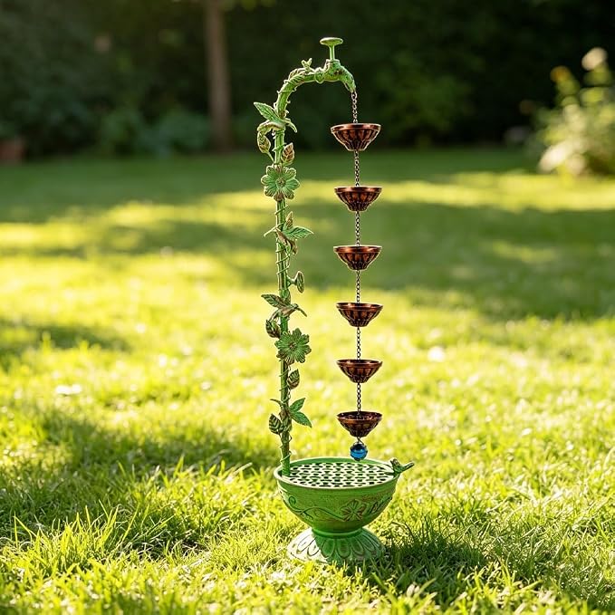 40" Vintage Metal Floor Water Fountain - Soothing Waterfall Outdoor Fountains with 6 Hanging Cups for Garden Patio Backyard Deck Decor, 1107 - Green Hummingbirds & Faucet