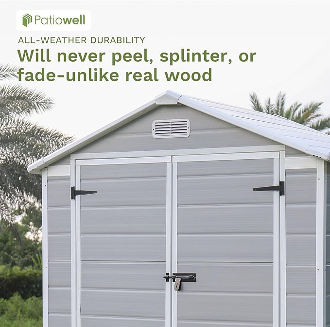 Patiowell 6 x 4 FT Plastic Outdoor Storage Shed with Floor, Resin Outside Sheds with Window, Garden Tool Shed with Lockable Door for Patio Storage, Backyard, Light Gray