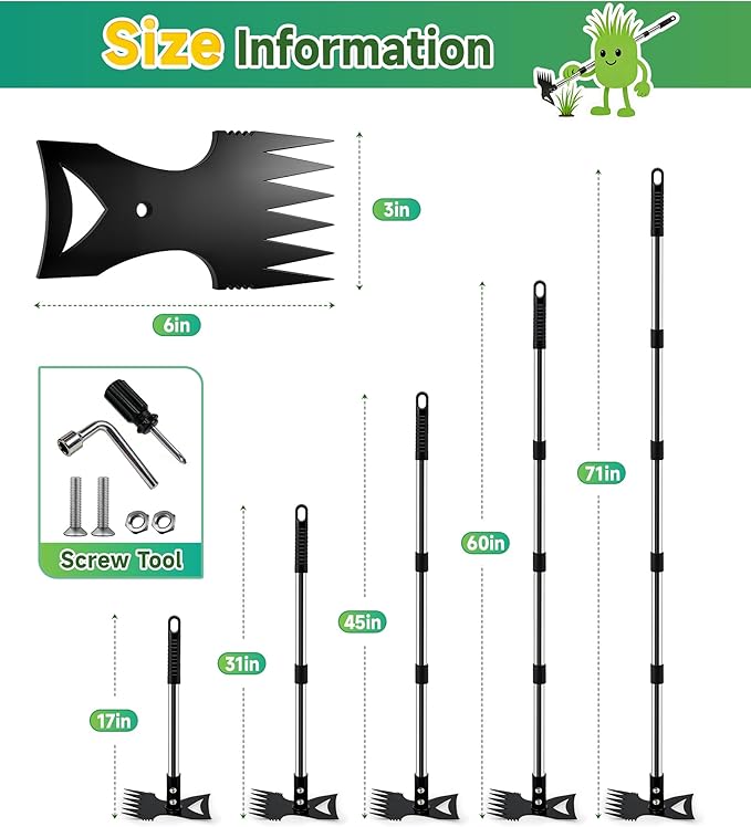 71in Weed Puller Tool with Long Handle, 2 in 1 Adjustable Manual Weeders for Uprooting, Heavy Duty Hand Weed Rake and Garden Hoe with Gloves for Gardens, Lawns, Yards