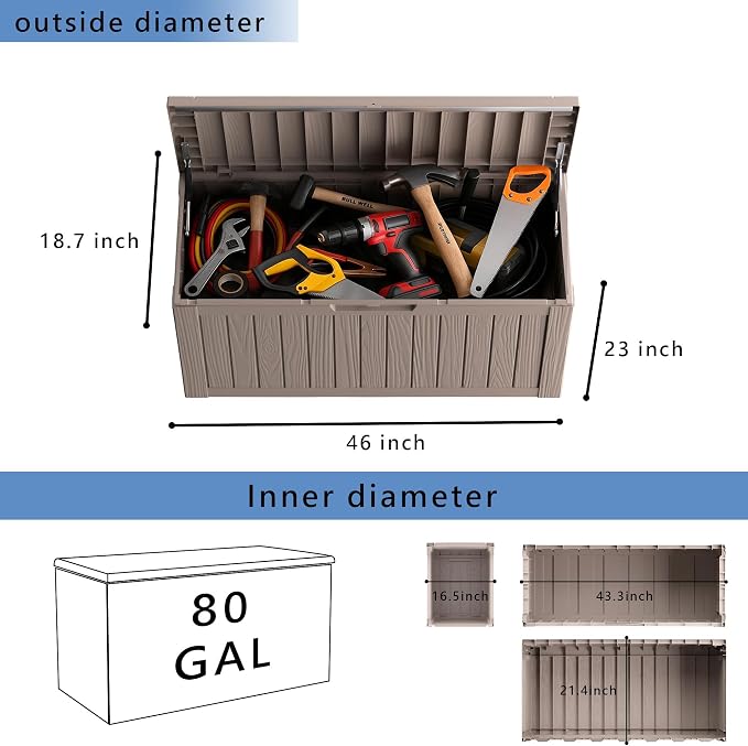 90 Gallon Waterproof Resin Deck Box, UV Resistant Outdoor Storage for Garden, Patio, Porch, Delivery（Black，80 Gallon）