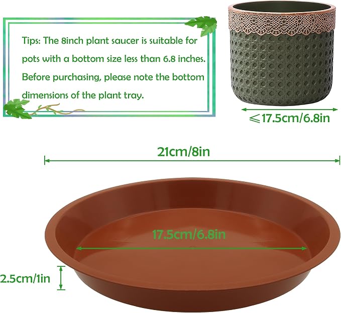 6 Pack 8 Inch Round Plant Saucers for Less 6.8 Inch Pot Indoors Outdoors Plant Trays for Pots Planter Saucer Plastic Plant Drip Tray Planter Water Tray for Potted Plants(Terracotta, 8"(6pcs))
