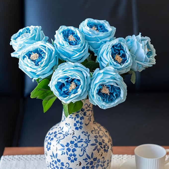 DUYONE Fake Flowers for Decoration Home Decor Artificial Flowers Austin Rose Peony Latex Fake Flower Living Room Decoration Vivid Pink Roses Peonies (Deep Blue 4pcs)