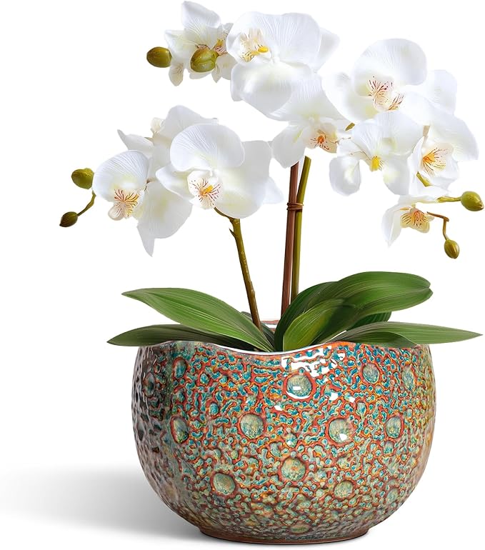 Ceramic Plant Pots - 6 Inch Plant Pot with Drainage Hole and Plug, Unique Planter for Indoor Plants Outdoor, Modern Planter, Round Orchid Pot, Room Decor, House Warming Gifts, Speckled-brown