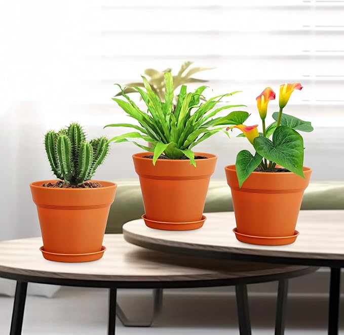 Meowell 4 inch Small Plastic Nursery Pots, 16 Pack Plant Pots for Indoor Outdoor Plants, Flower Pots with Drainage Holes and Saucers, Decorative Seedling Starter Planters for House Plants, Terracotta