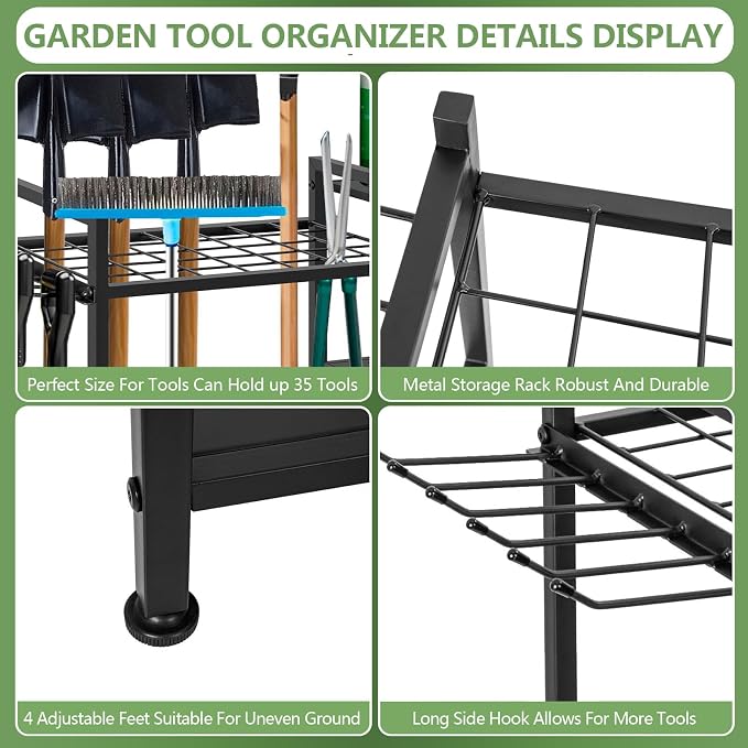 Garden Tool Organizer, 33.8×11.8×32inch Heavy-Duty Steel Garden Tool Rack Storage, Yard Tool Tower Rack for Garage Organizers and Storage, Holds Long-Handled Tools/Rakes/Brooms, Outdoor