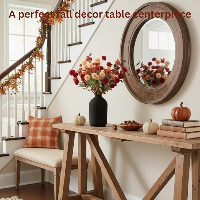 RyddeligHome Fall Flowers, Burnt Orange Faux Kiku Flowers Artificial 10 Stems + Eucalyptus, Fake Red Orange Mums Floral Centerpiece, Terracotta Mini Balls Faux Stems for Vase, Decoración de Otoño