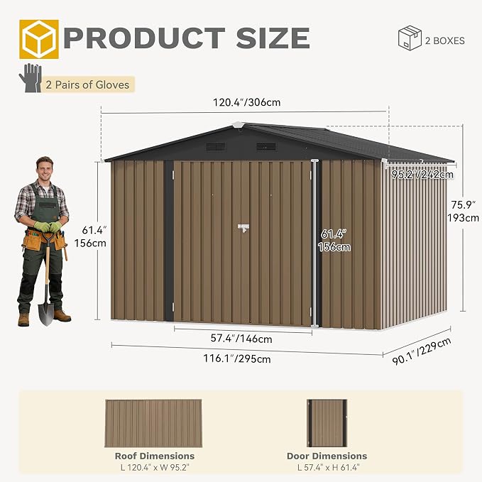 DWVO 10x8ft Outdoor Storage Shed, Large Metal Tool Sheds, Heavy Duty Storage House with Lockable Doors & Air Vent for Backyard Patio Lawn to Store Bikes, Tools, Lawnmowers, Brown