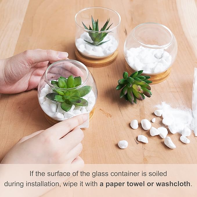 Mkono Artificial Succulent in Clear Glass Pot, 3 Mini Potted Fake Plants for Women Office Decor Small Faux Green Plant with BambooTray for Bookshelf Bathroom Kitchen Tabletop Centerpiece