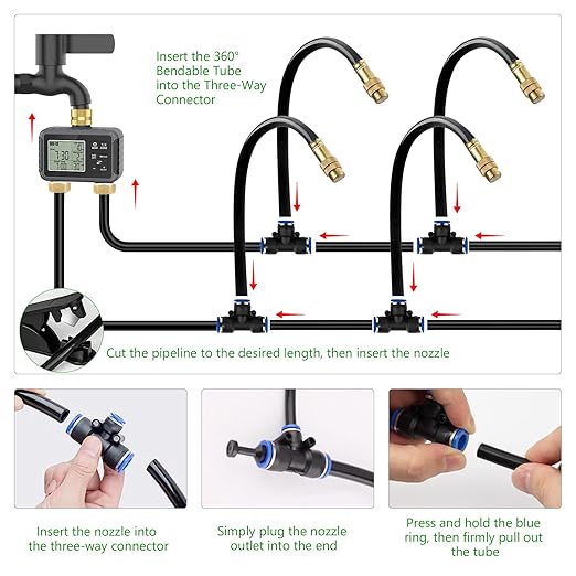 120FT Drip Irrigation System with Smart Water Timer – Automatic Garden Watering Kit with Dual Metal Tube Brass Connectors, 360° Adjustable Nozzles & Bendable Tubing for Garden, Greenhouse & Lawn