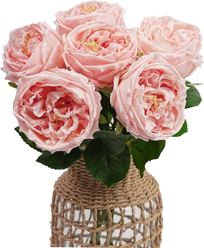 Jahe 6Pcs Fake Austin Flowers David Austin Roses, 17'' Faux Peonies for Flower Arrangements, Home Decor Peony Artificial Flowers, Living Room Decoration Vivid Roses Peonies, Pink