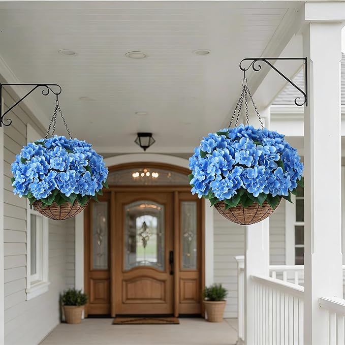 FOTEEWL 8 Bundles Artificial Hydrangea Flowers for Outdoor Decor, Realistic Faux Silk Bouquets Sun-Resistant Fake Plants for Front Door Balcony Farmhouse Garden Home Spring Summer Decor (Blue)