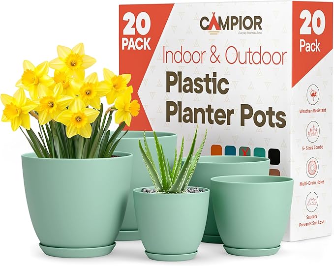 Planter Pots with Drainage Holes - Lightweight, Durable, & Space-Saving Pots for Indoor and Outdoor - Versatile Functionality, Simple Modern Design, Set of 20 Plastic Planter Pots Mint