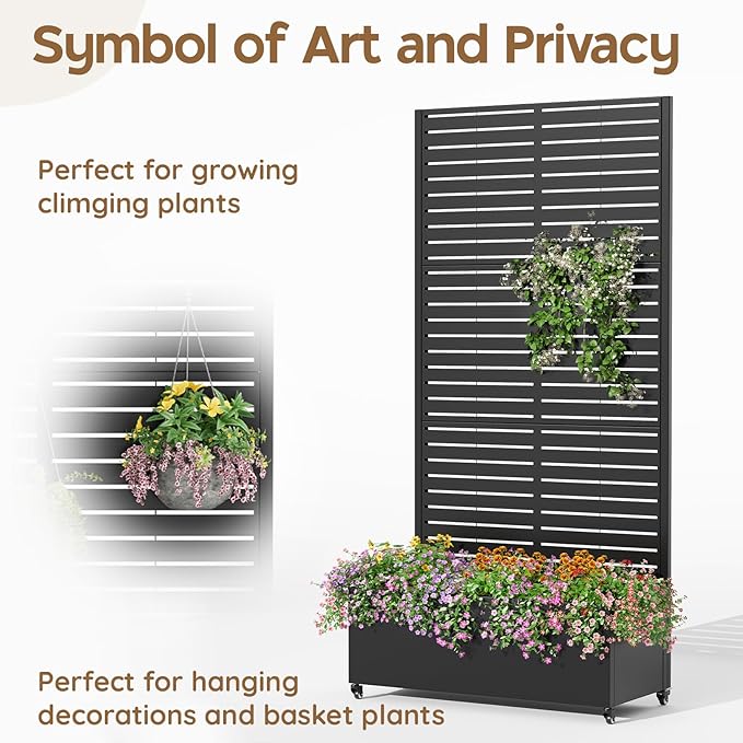 Metal Planter Box with Trellis,72"x35"x15",Galvanized Raised Garden Bed Trellis Outdoor Planter with Privacy Screen & Wheels and Drainage Holes,for Patio Climbing Vegetables,Flowers,Vines,Black