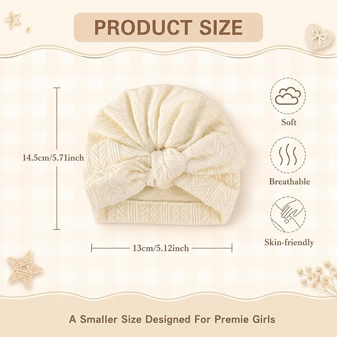 8 Sets Cotton Newborn Hats and Mittens,Ribbed Preemie Baby Girl Turban Beanie Cap with Top Bow Knot, No Scratch Gloves for 0-3 Months Hospital Bag Essentials.Wheat Patterned White/Pink/Apricot