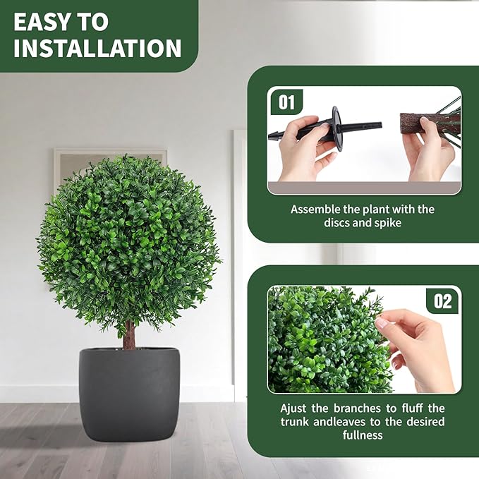 24.8" Artificial Boxwood Topiary Ball Tree with Ground Plugs [Set of 2] UV Protected Artificial Shrubs, Fake Evergreen Artificial Plants for Indoor and Outdoor Porch Garden