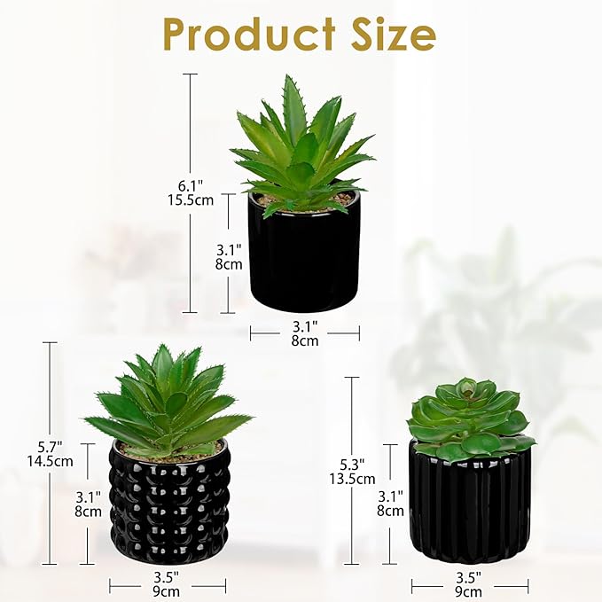 Briful Succulents Plants Artificial in Black Ceramic Pots (Set of 3), Small Fake Plants for Home Office Desk Decor – Modern Mini Potted Succulents for Bathroom, Bedroom, Living Room Table, Shelf