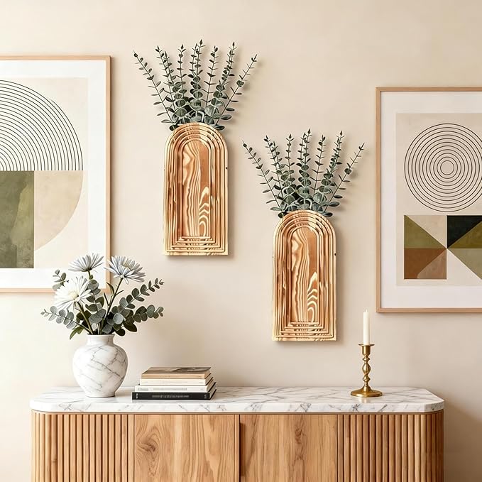 2 Pack Wooden Wall Vase Set, Hanging Planter For Indoor Plants & Flowers, Brown Finish Modern Farmhouse & Wall Decor For Entryway For Living Room Bedroom Bathroom Patio