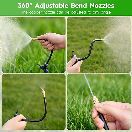 100Ft 360° Adjustable Drip Irrigation System Kit, 1/4 Inch PE Tubing with 20 Bendable Nozzles, Automatic Garden Watering System for Greenhouse, Lawn, Raised Bed, Flower Bed