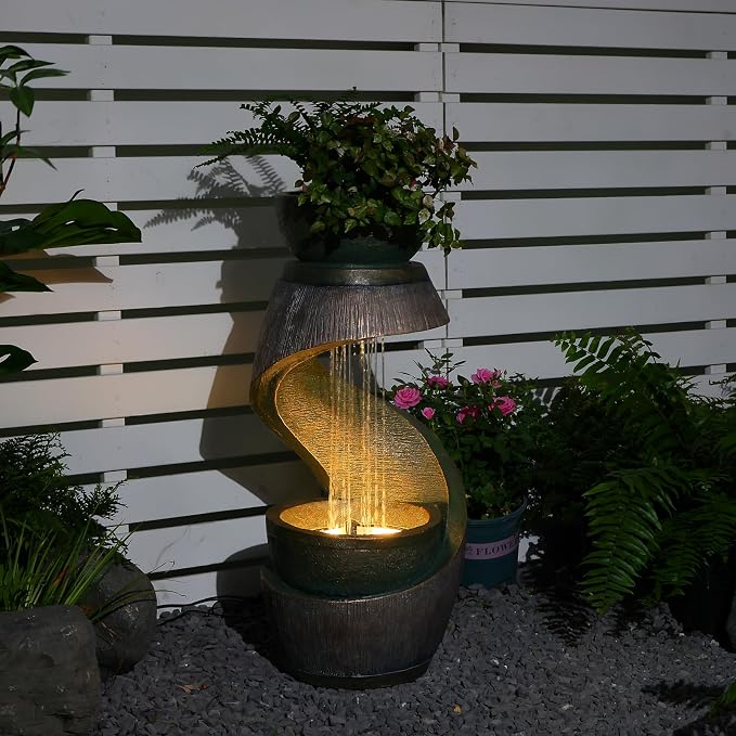 31.9" Outdoor Water Fountain with Lights – S-Shaped Water Feature Outdoor Modern Resin Waterfall Feature with Bowl Planter, Decorative Garden Fountain for Patio Balcony Porch Yard, Gold