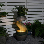 31.9" Outdoor Water Fountain with Lights – S-Shaped Water Feature Outdoor Modern Resin Waterfall Feature with Bowl Planter, Decorative Garden Fountain for Patio Balcony Porch Yard, Gold
