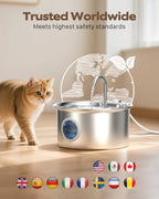 Stainless Steel Cat Water Fountain: Cat Fountain with 6 Filters + 3 Sponges - 88oz/2.6L Pet Water Fountain for Cats Inside - Silent Cats Water Bowl Dispenser - ATMZIQXR Kitty Drinking Fountains
