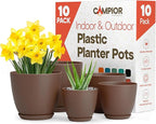 Planter Pots with Drainage Holes - Lightweight, Durable & Space-Saving Pots for Indoor and Outdoor - Versatile Functionality, Simple Modern Design, Set of 10 Plastic Planter Pots - Brown