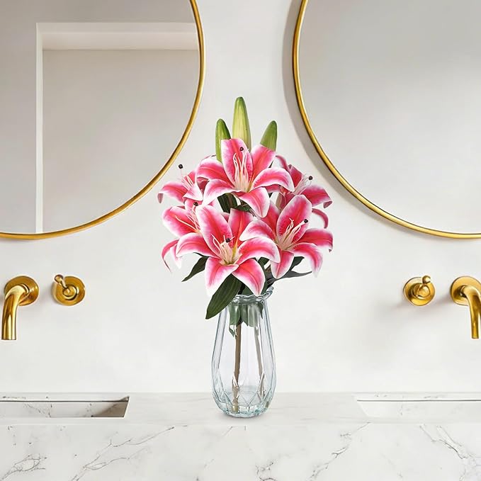GarveeLife Artificial Tiger Lily Flowers with Vase, Real Touch Easter Lily Faux Flowers for Home Table Centerpieces Wedding Baby Shower Birthday Party Decoration, UV Resistant, 3 Stems with 6 Flowers